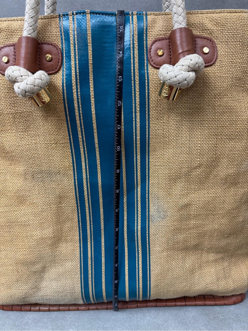 Tory Burch Tan Canvas Tote with Blue Stripe and White Rope Handles - Picture 8 of 16